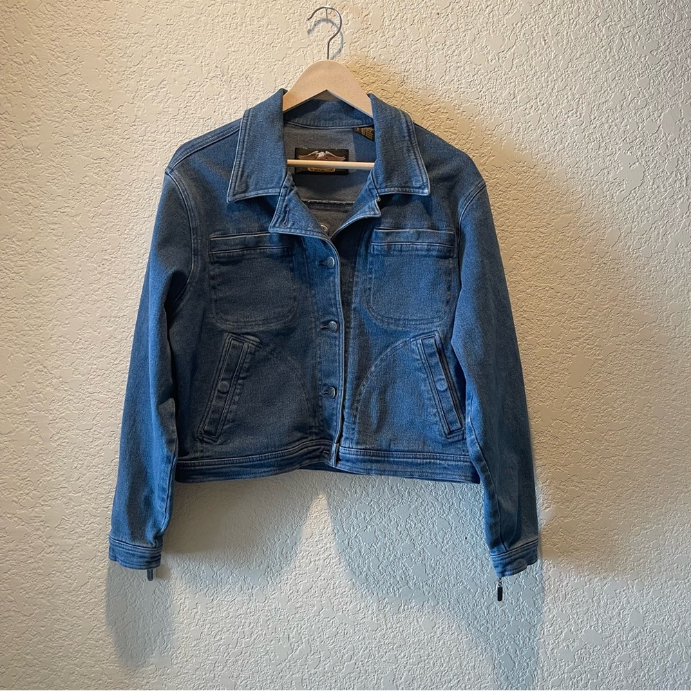 Harley-Davidson women button closure denim graphic back moto jacket, size L